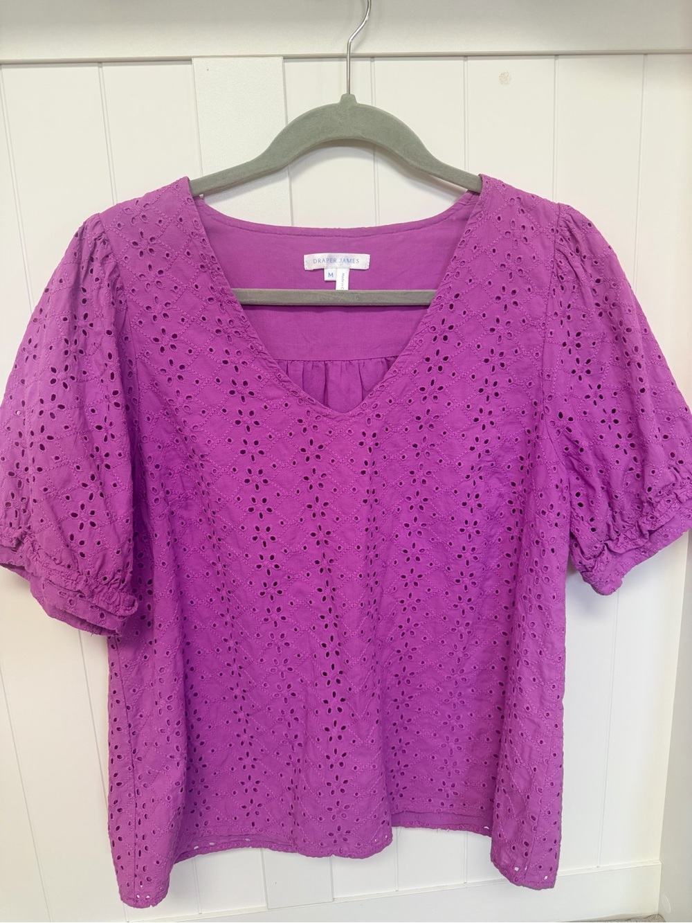 Draper James Violet Eyelet V-Neck Puff Sleeve Peasant Top